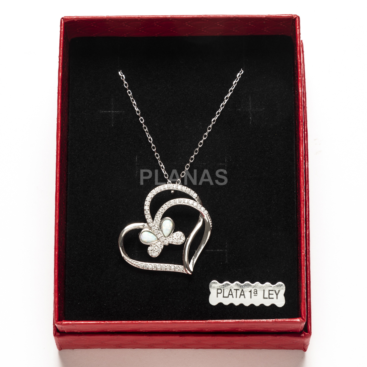 Colar em prata de lei com banho de ródio, cravejado com zircônias cúbicas e opala. formato de coração.