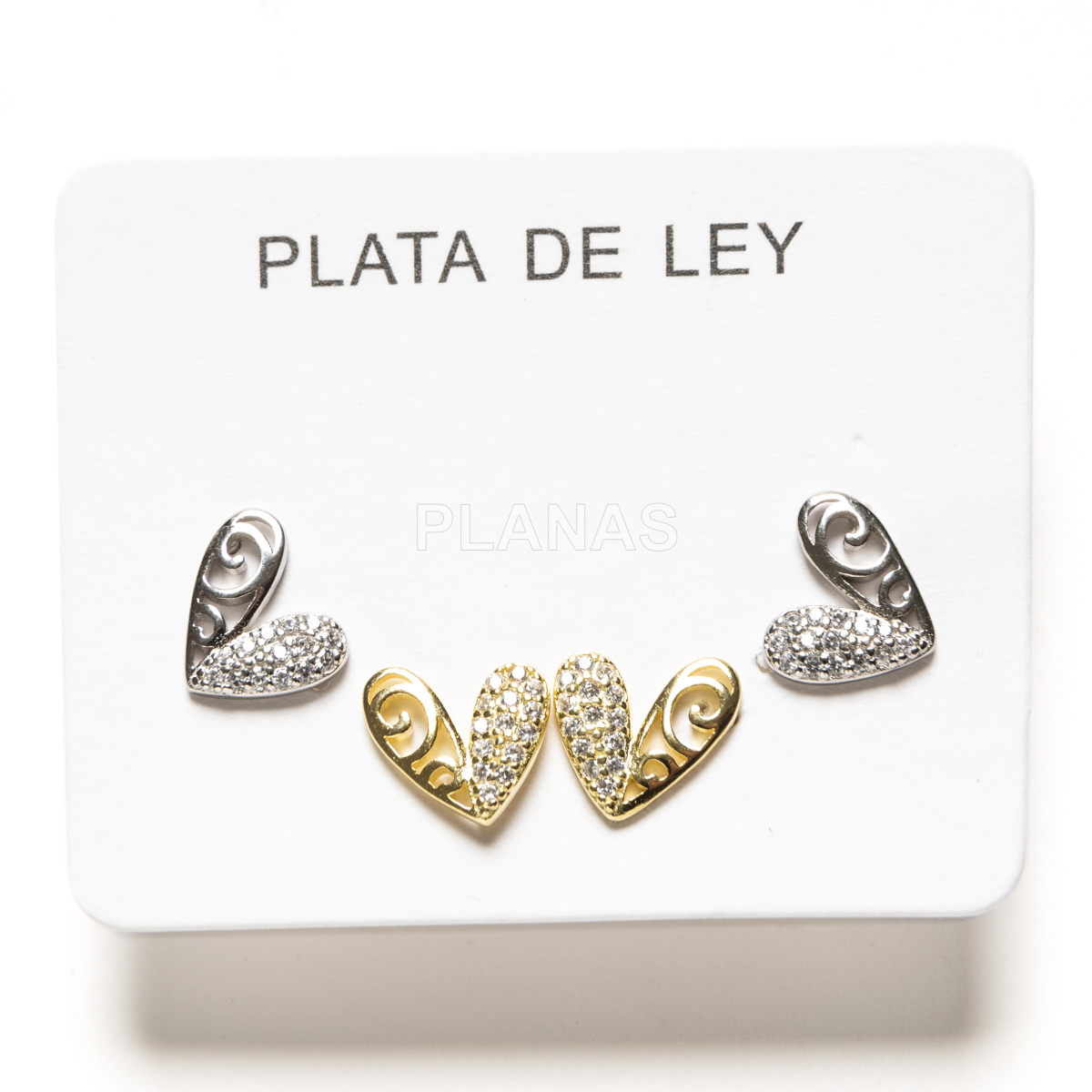 Conjunto com 2 pares de brincos em prata de lei e zircônia cúbica. coração. 