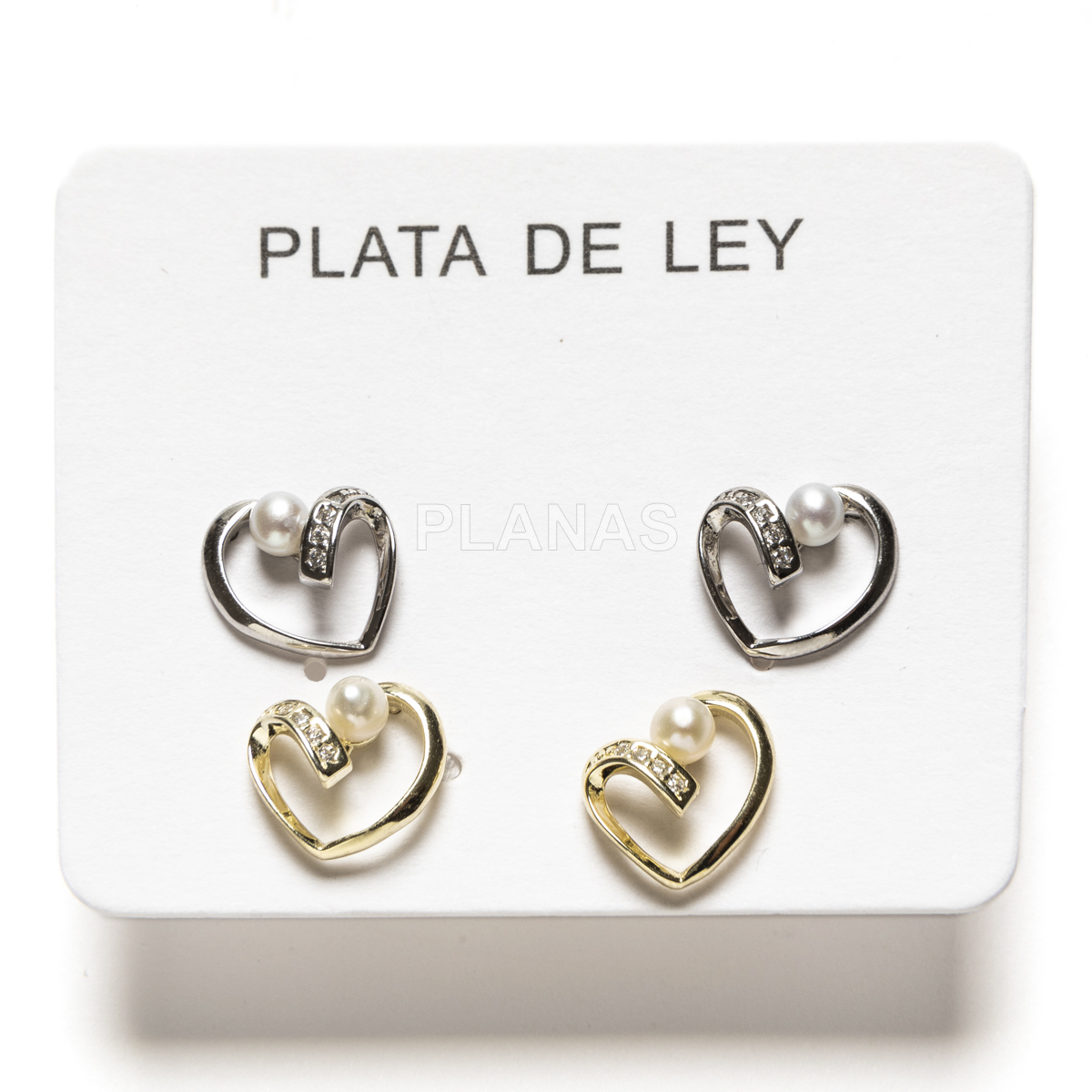 Pack de 2 pares de pendientes en plata de ley con Circonitas y perla. CORAZÓN. 