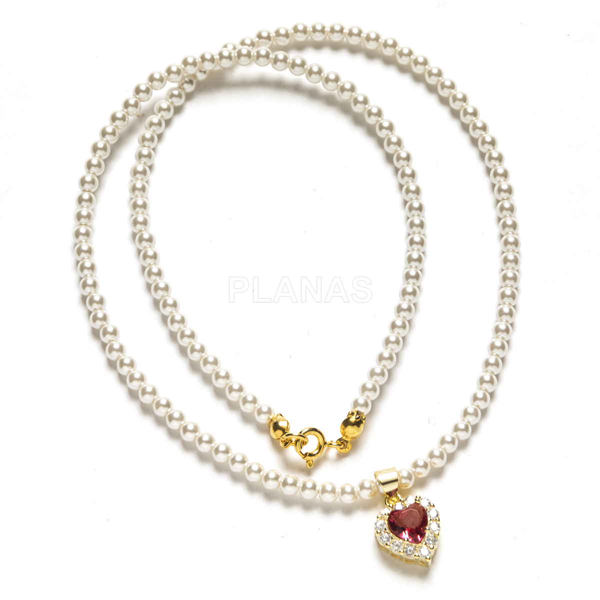 Colar em prata de lei e banhado a ouro com zircônias cúbicas de 3mm de alta qualidade e pérolas. formato de coração.