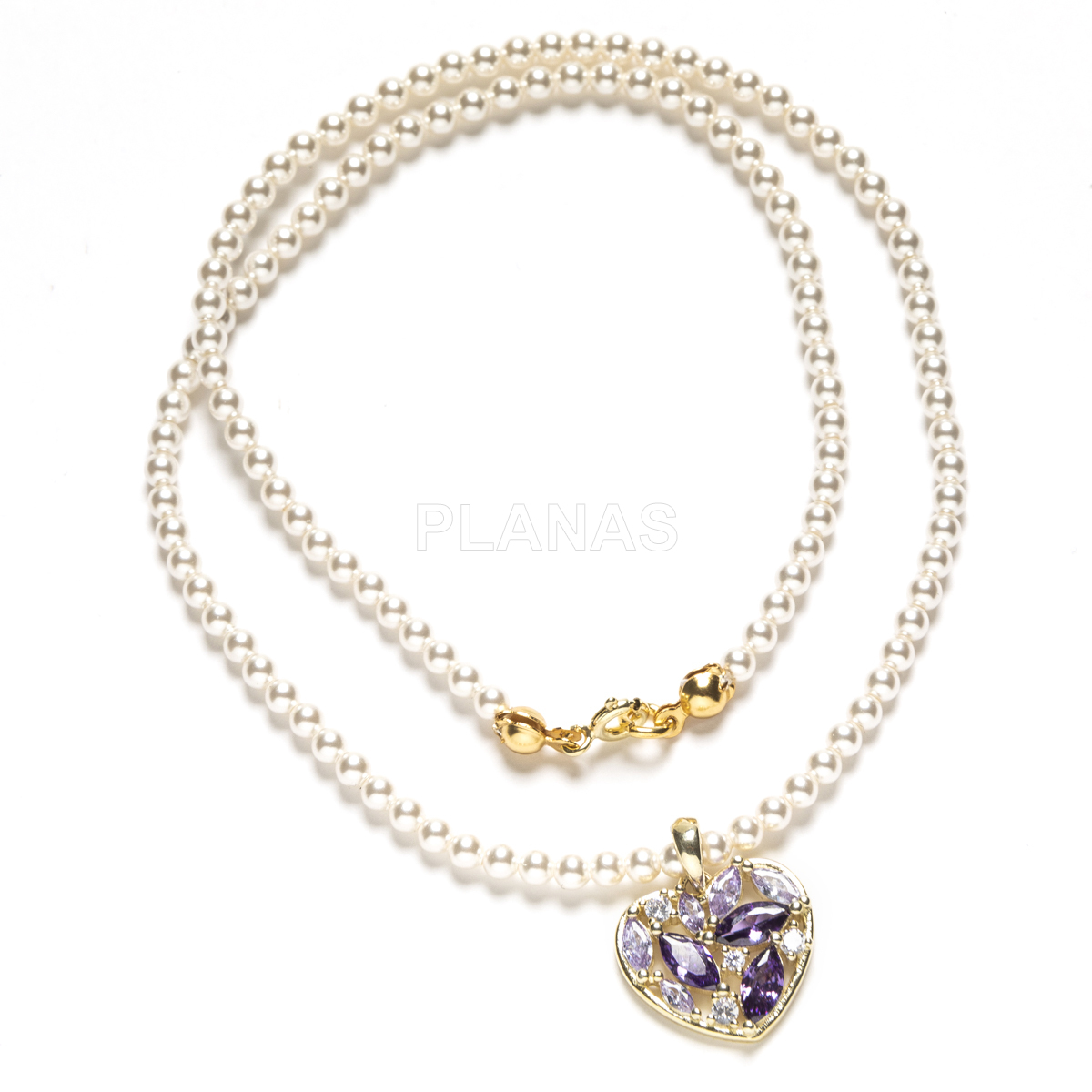 Collar en Plata de ley y Baño Oro con circonitas y perlas de gran calidad de 3mm. CORAZÓN.