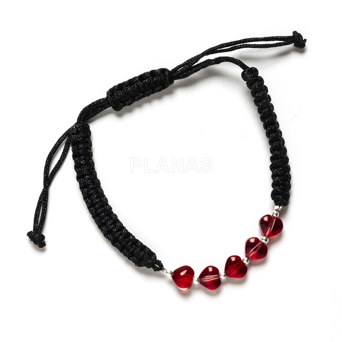 Pulseira de macramê preta com corações e contas de prata de lei