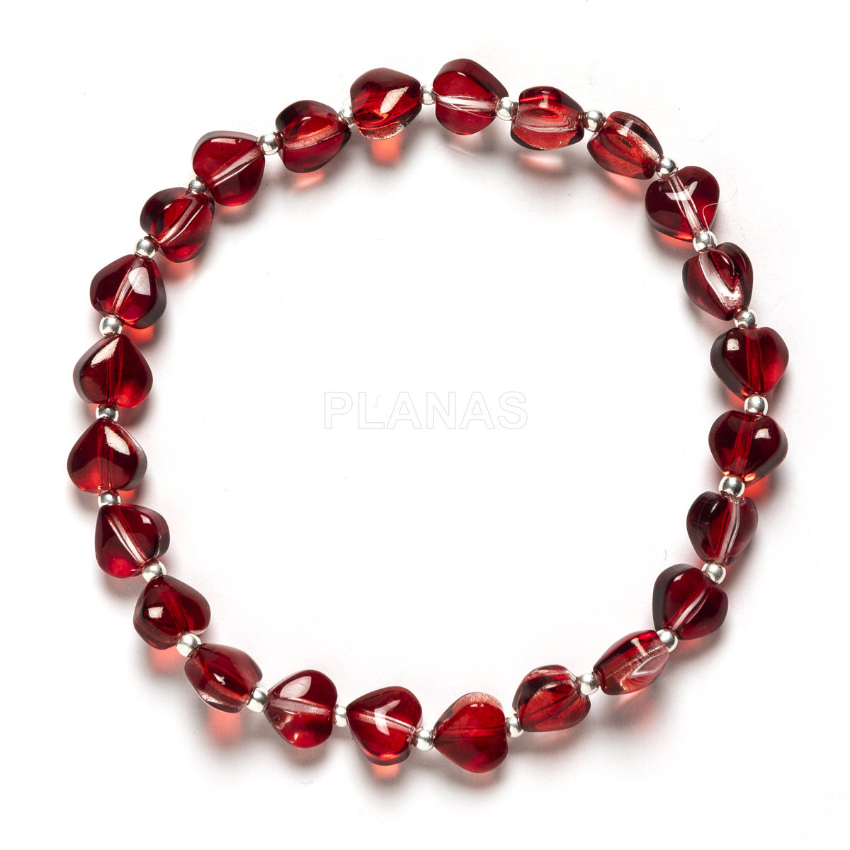 Pulsera elástica con corazones rojos con bolas en plata de ley.