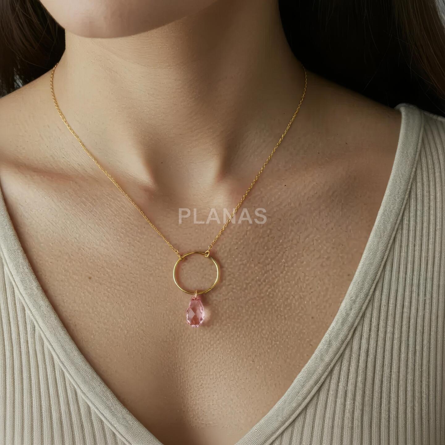 Collar en Plata de ley y baño Oro con lagrima de Swarovski en Light Rose.