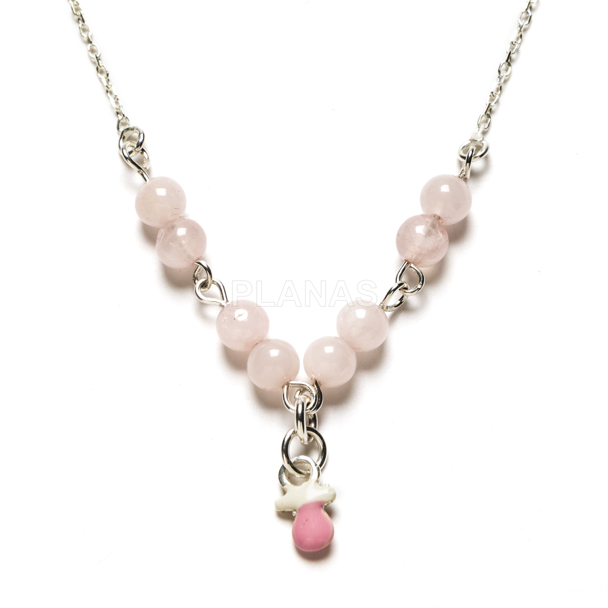 Colar em prata de lei e quartzo rosa. chupeta.