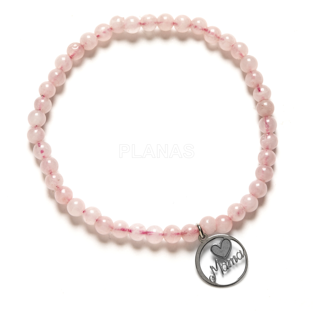 Pulsera elástica en Quarzo rosa y plata de ley. MAMA.   