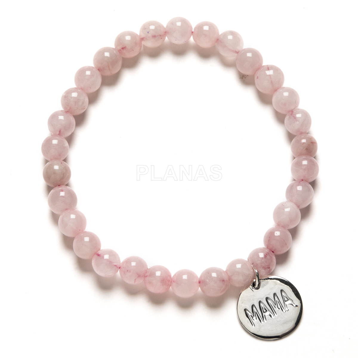 Pulsera elástica en Quarzo rosa y plata de ley. MAMA.   