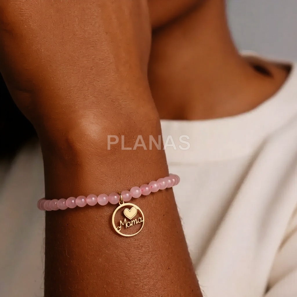 Pulsera en plata de ley y Baño Oro con Quarzo Rosa de 4mm. MAMA.