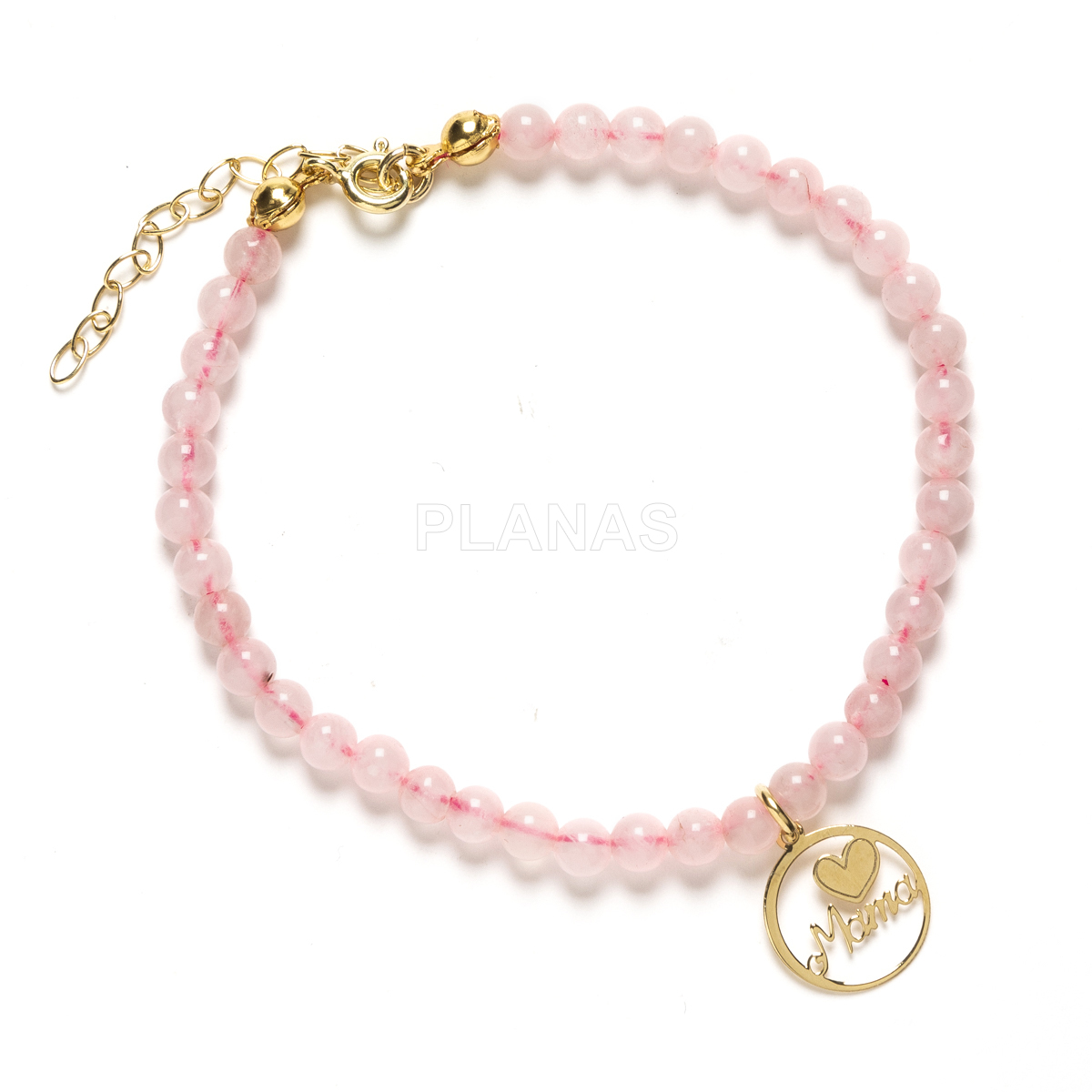 Pulsera en plata de ley y Baño Oro con Quarzo Rosa de 4mm. MAMA.