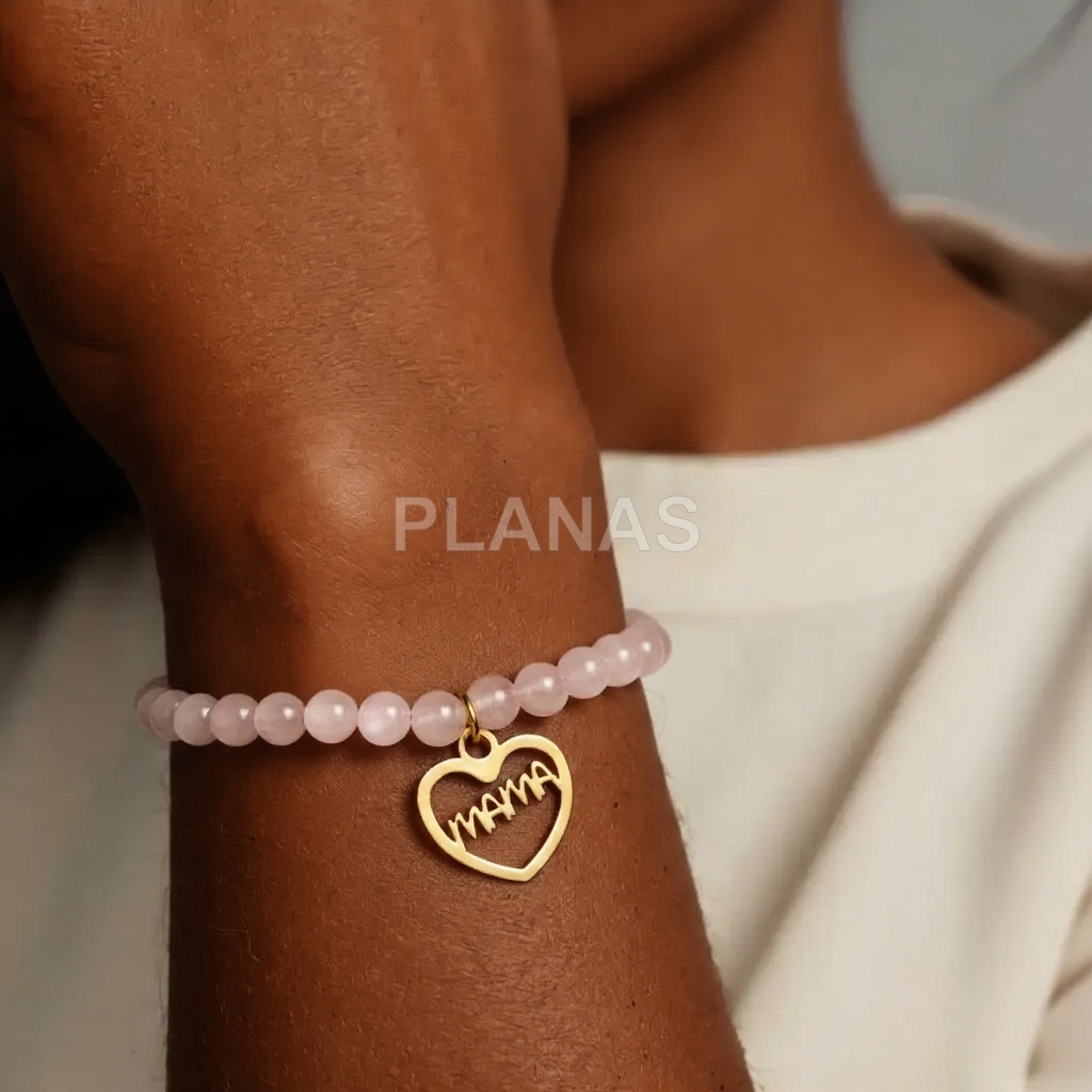 Pulsera elástica en Quarzo rosa con plata de ley y baño oro. MAMA.   