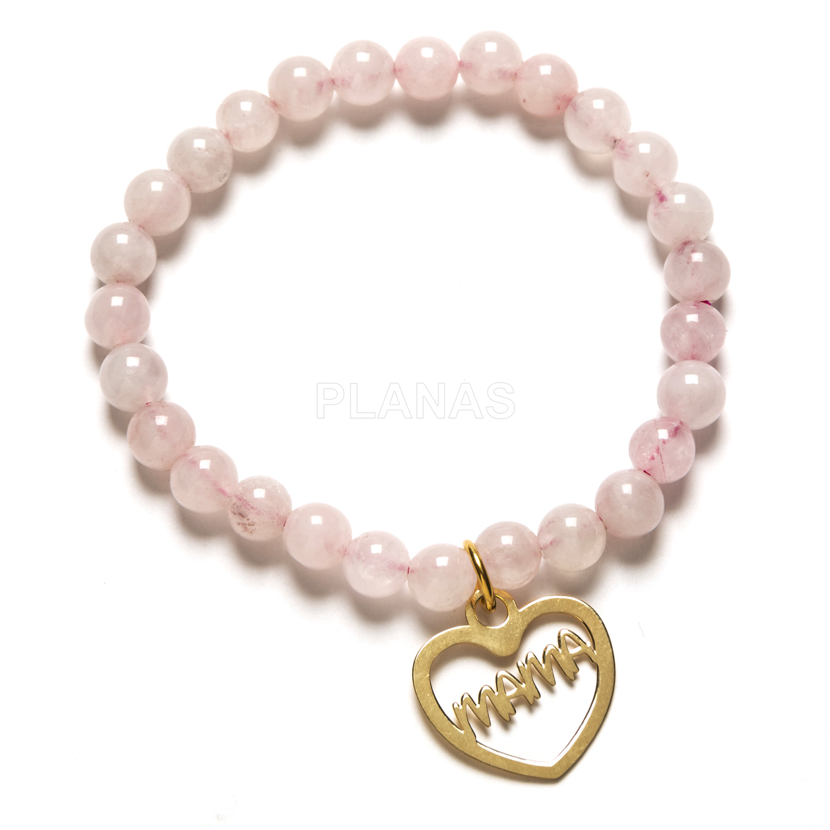 Pulsera elástica en Quarzo rosa con plata de ley y baño oro. MAMA.   