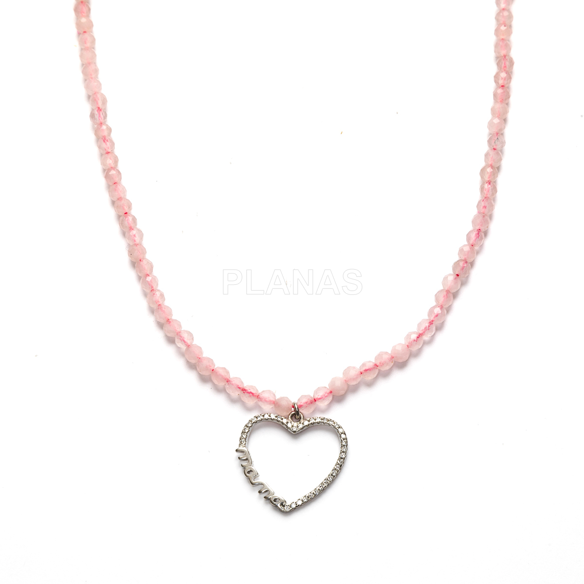 Colar em prata de lei com banho de ródio e quartzo rosa de 4 mm.  