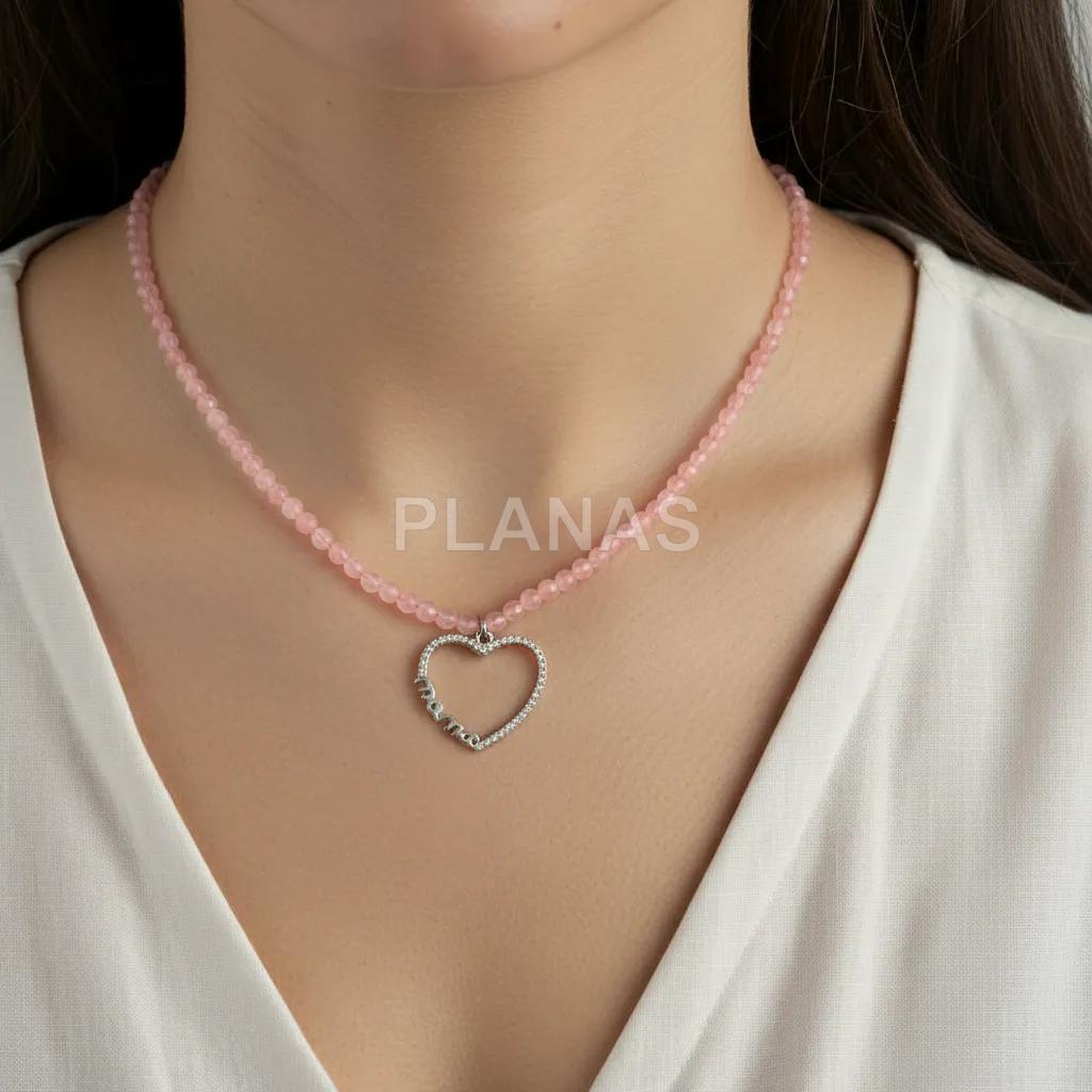 Colar em prata de lei com banho de ródio e quartzo rosa de 4 mm.  
