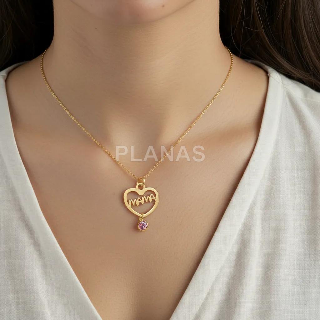 Colar em prata de lei e banhado a ouro com zircônia cúbica rosa. mama.