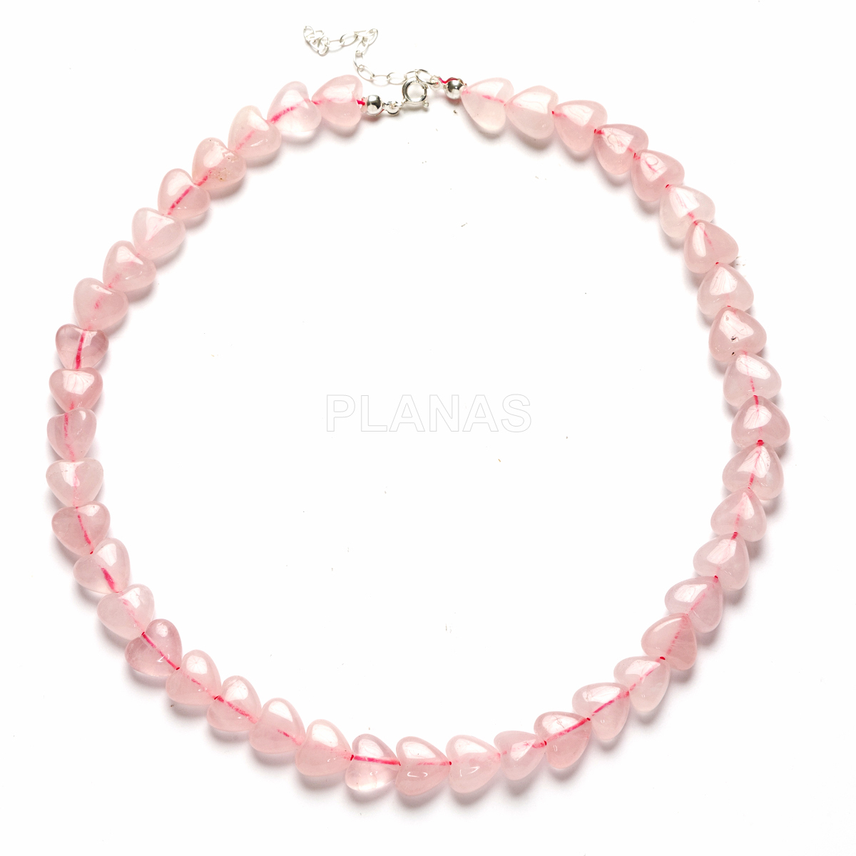 Colar para mãe em prata de lei com corações de quartzo rosa de 10 mm.  