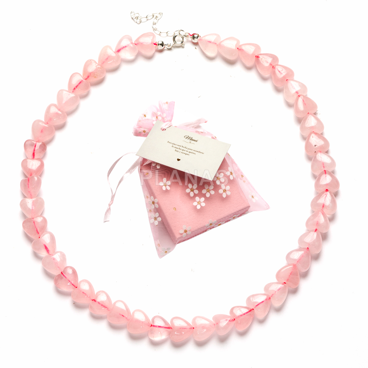 Colar para mãe em prata de lei com corações de quartzo rosa de 10 mm.  