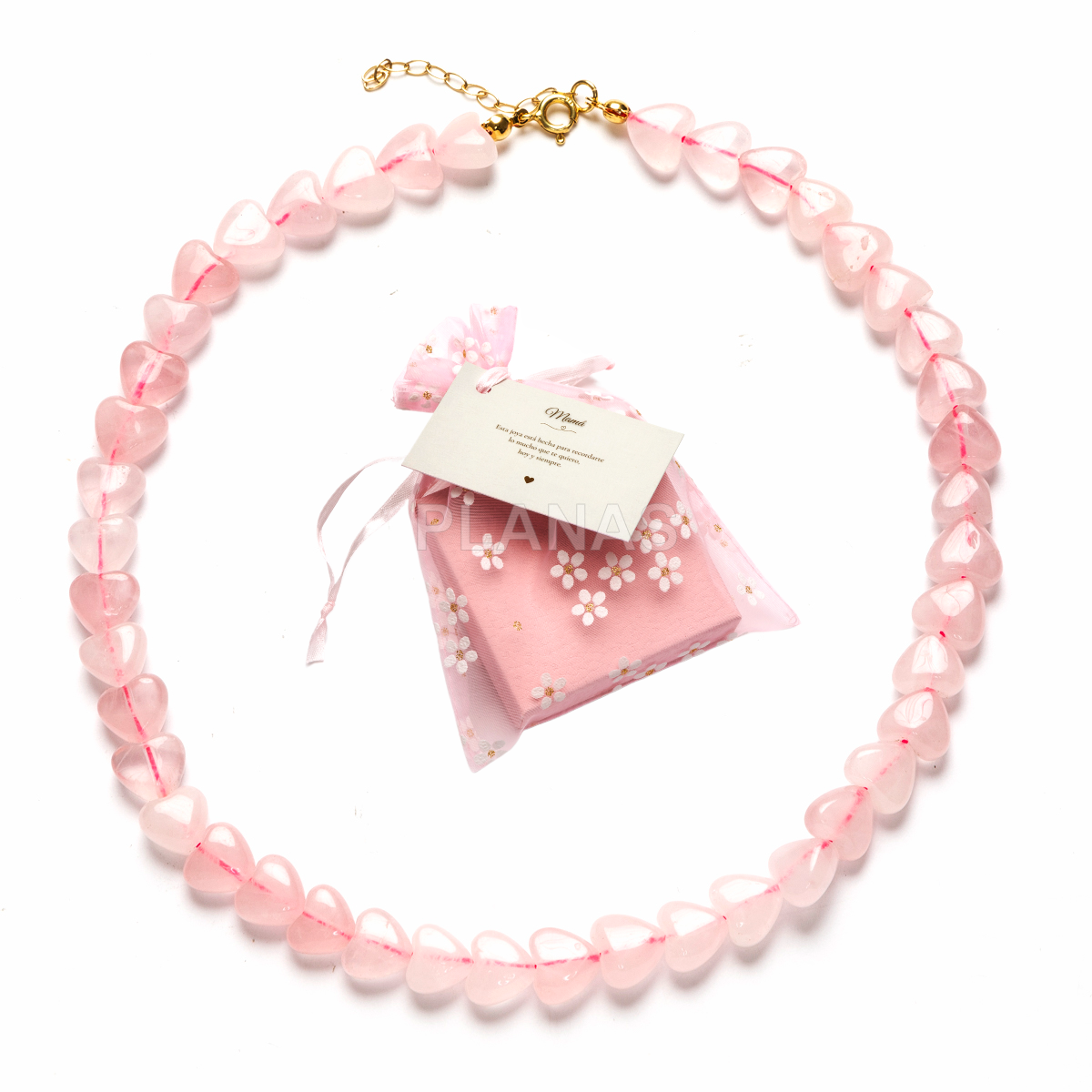 Colar para mãe em prata de lei e banhado a ouro com corações de quartzo rosa de 10 mm.  
