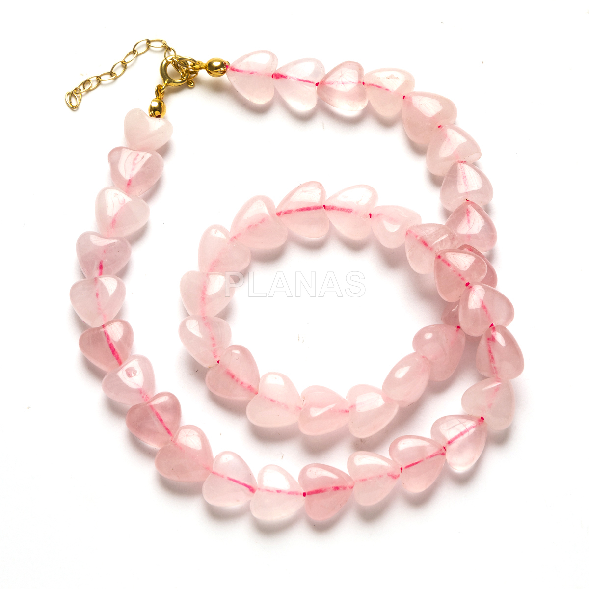 Colar para mãe em prata de lei e banhado a ouro com corações de quartzo rosa de 10 mm.  