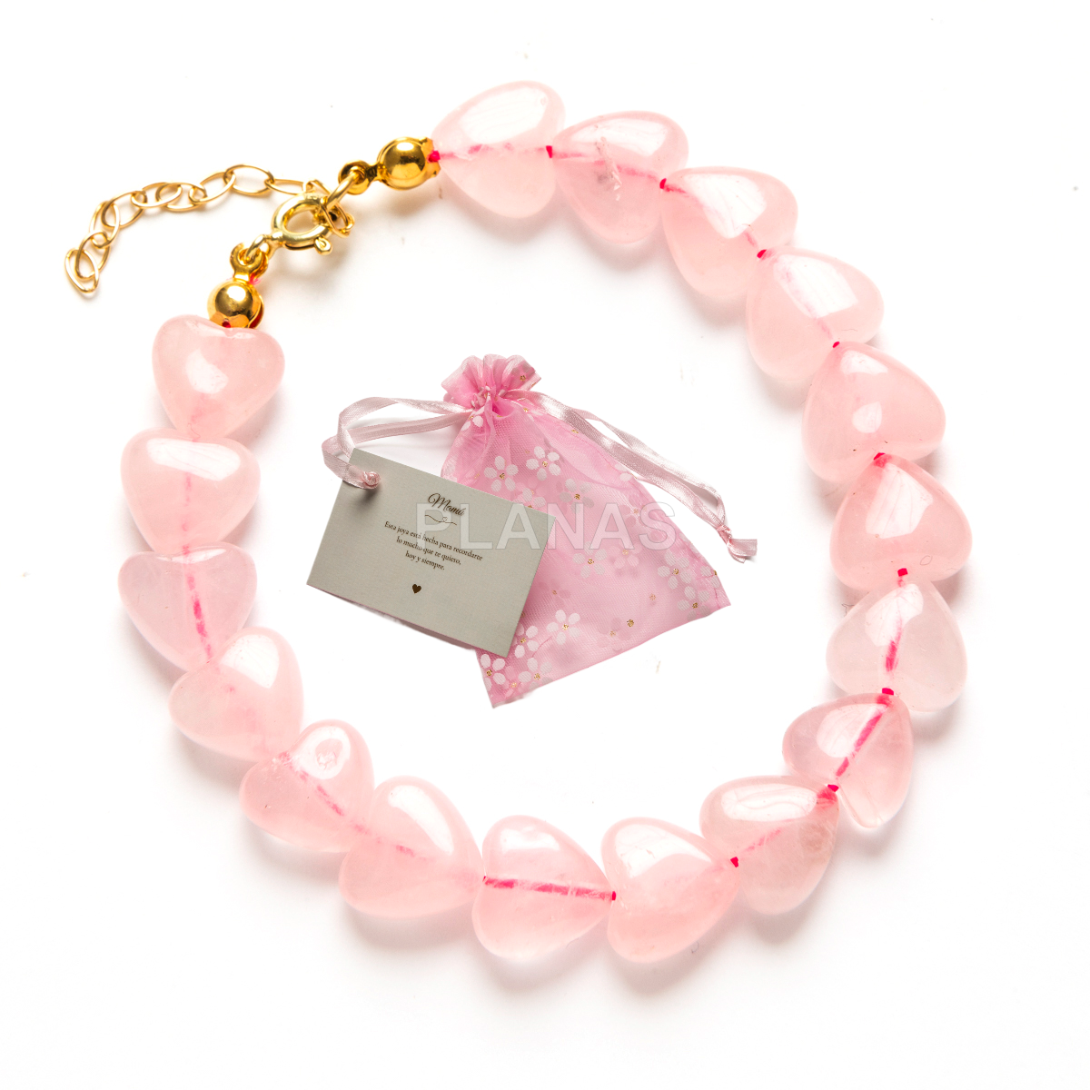 Pulseira para a mãe em prata de lei com banho de ouro e corações de quartzo rosa.