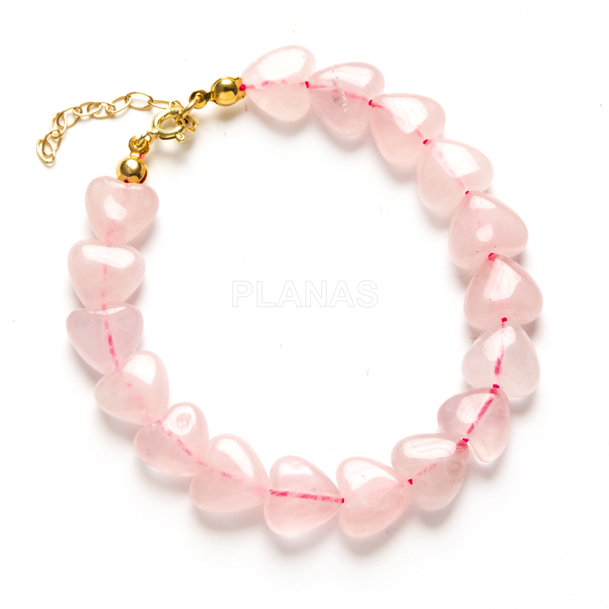Pulseira para a mãe em prata de lei com banho de ouro e corações de quartzo rosa.