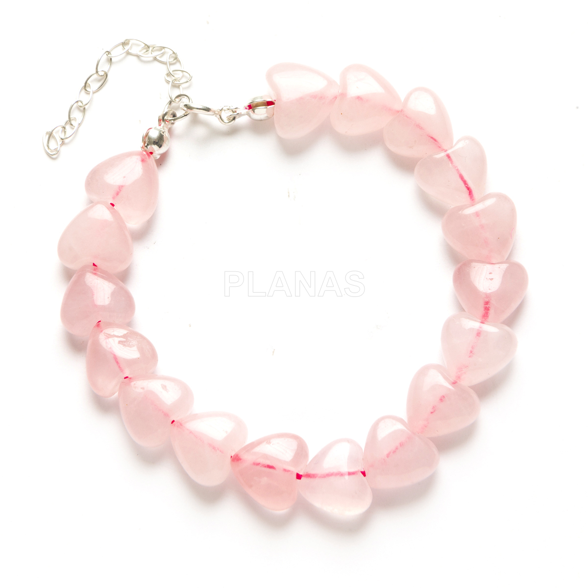 Pulseira para a mãe em prata de lei com corações de quartzo rosa.