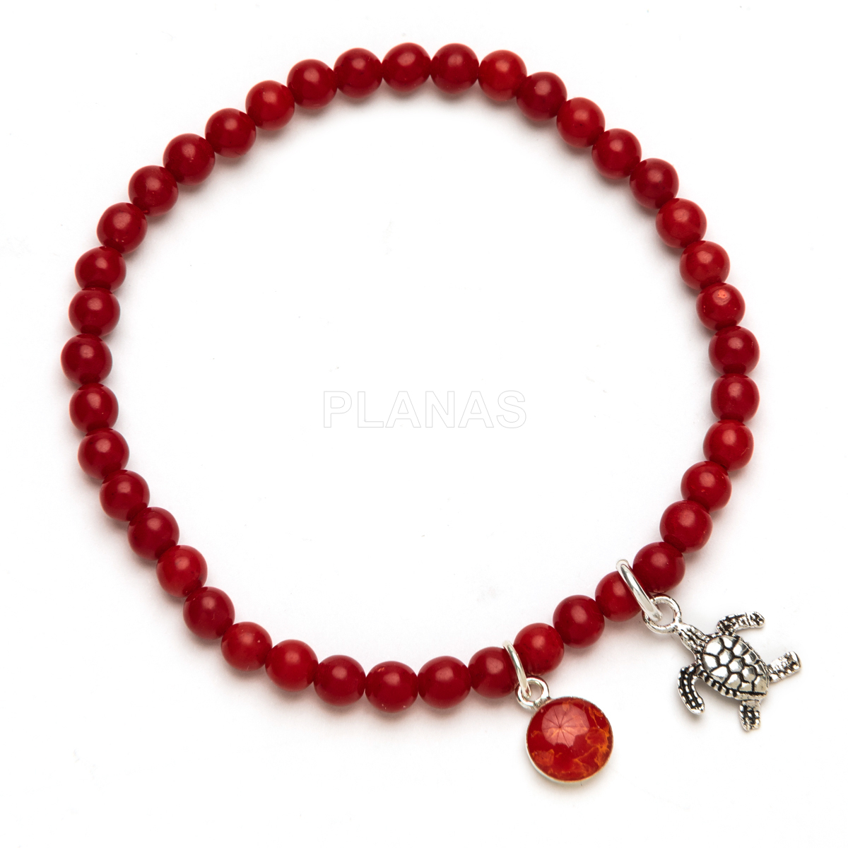 Pulseira elástica em prata de lei e coral. tartaruga.
