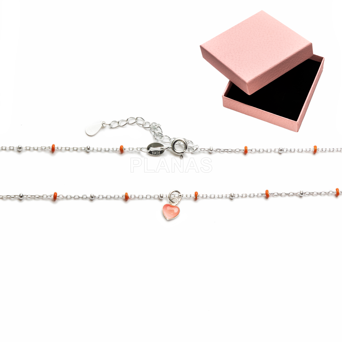 Colar em prata de lei com contas esmaltadas. coração.    