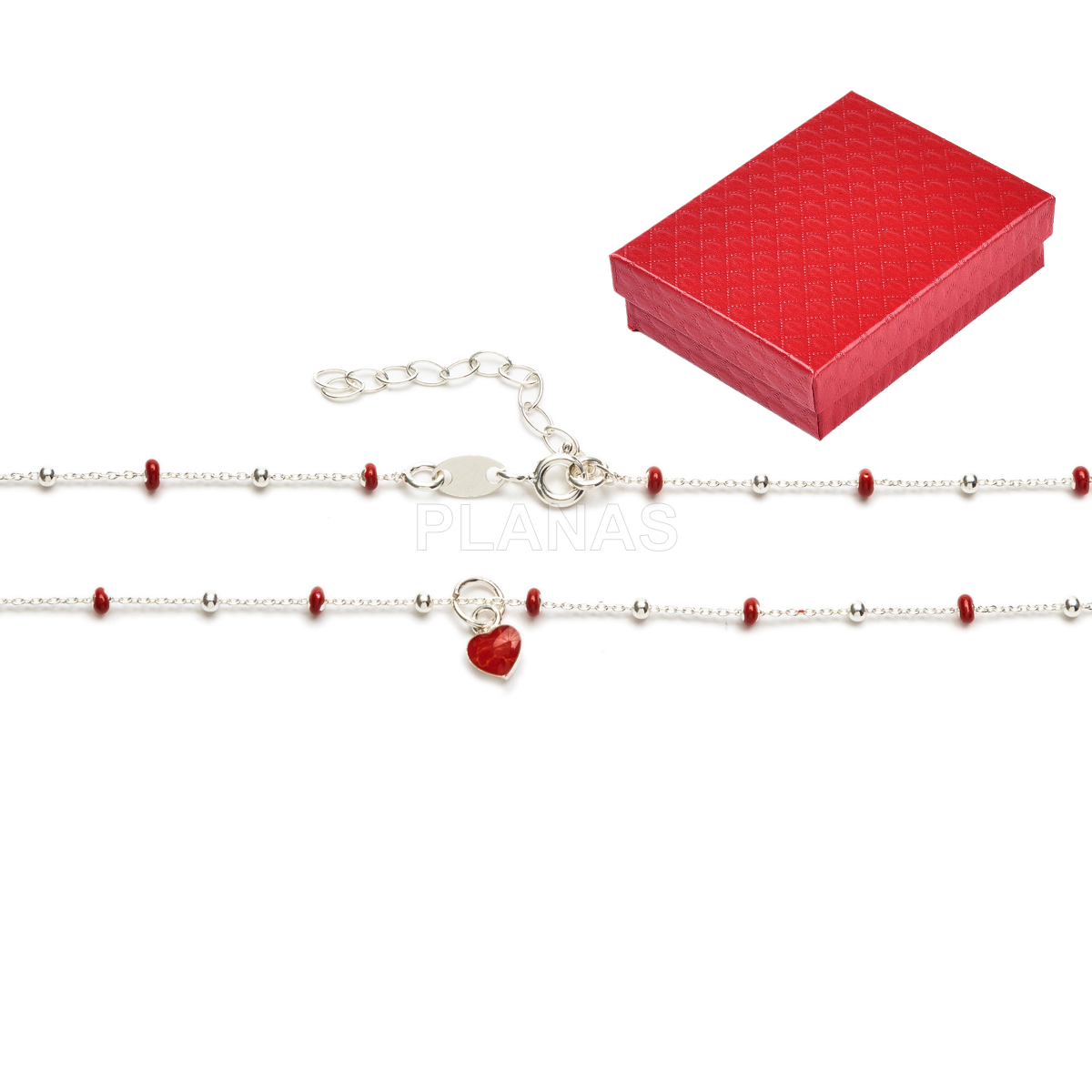 Colar em prata de lei com contas esmaltadas. coração.    