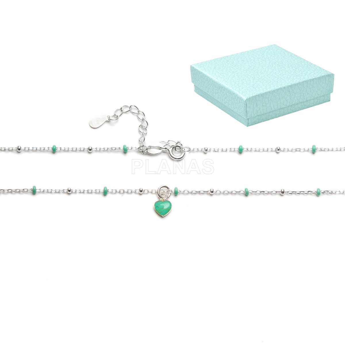 Colar em prata de lei com contas esmaltadas. coração.    