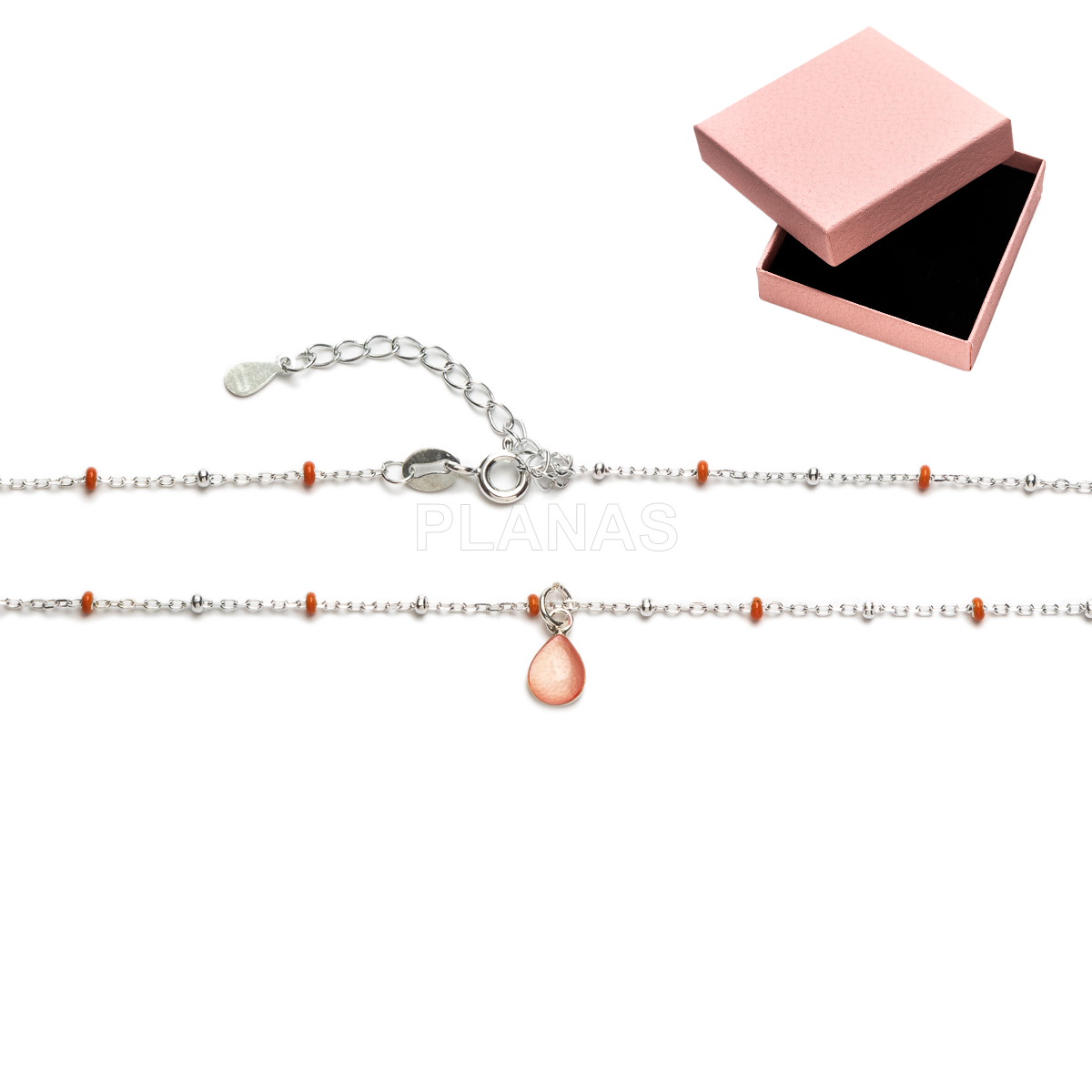 Colar em prata de lei com contas esmaltadas. formato de gota.    