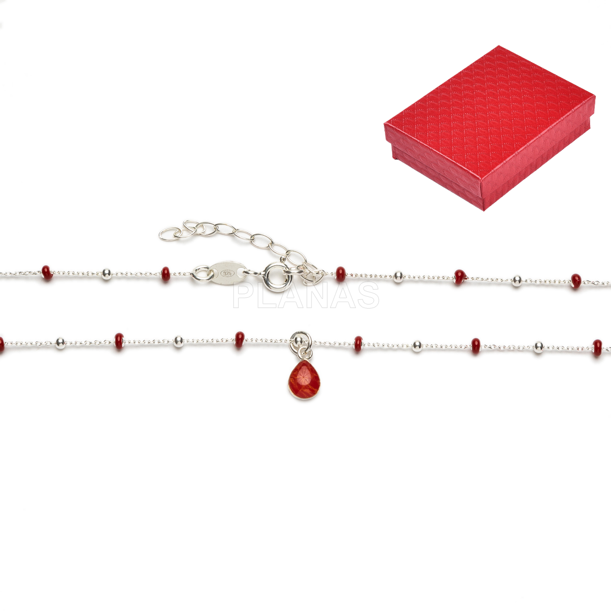 Colar em prata de lei com contas esmaltadas. formato de gota.    