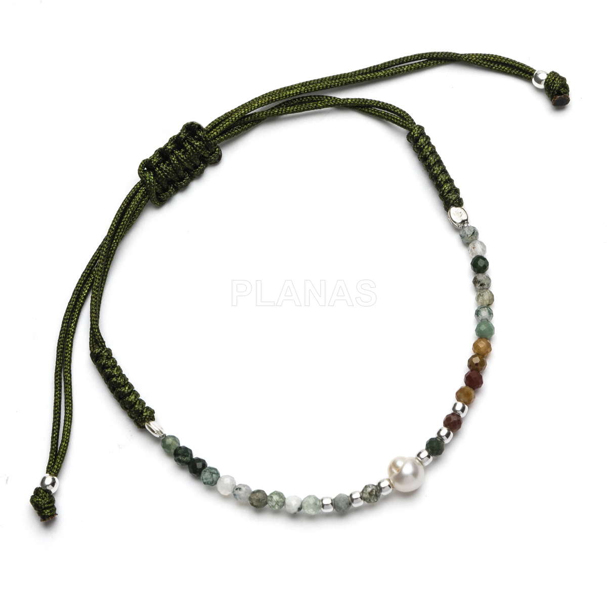 Pulsera macramé en Plata de ley con minerales naturales y perla cultivada de 6mm. 