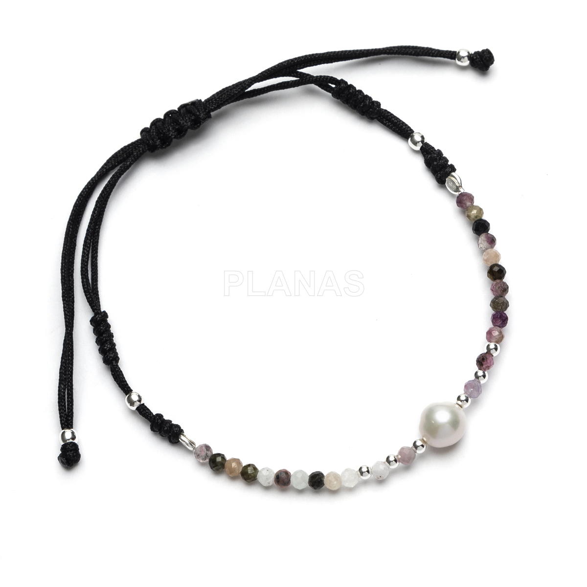 Pulsera macramé en Plata de ley con minerales naturales y perla cultivada de 6mm. 