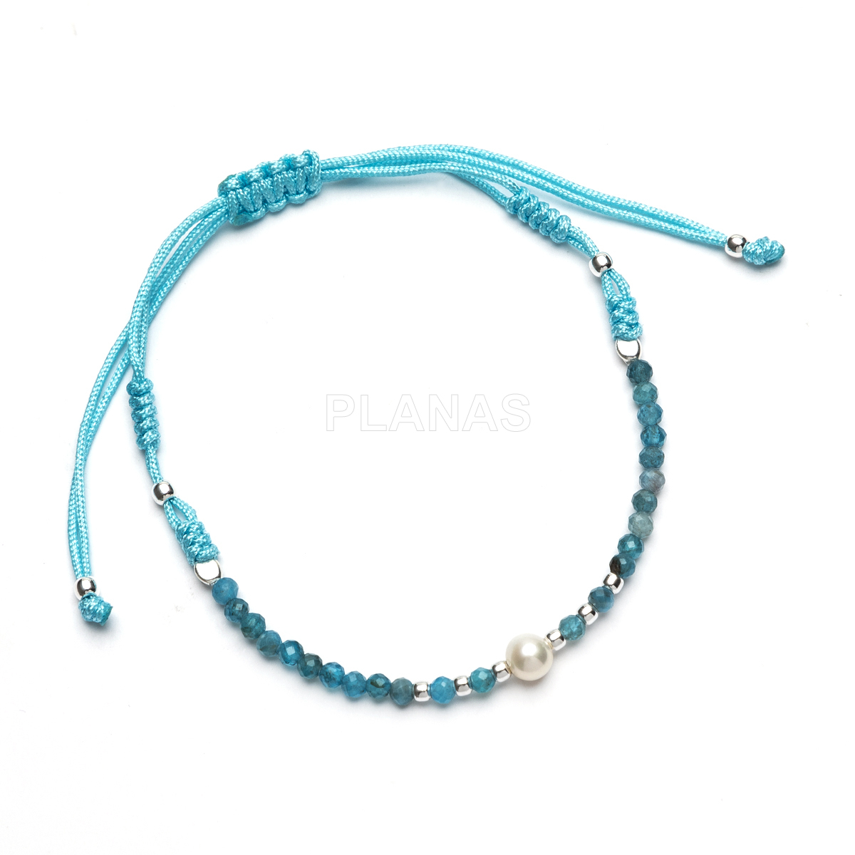 Pulsera macramé en Plata de ley con minerales naturales y perla cultivada de 6mm. 