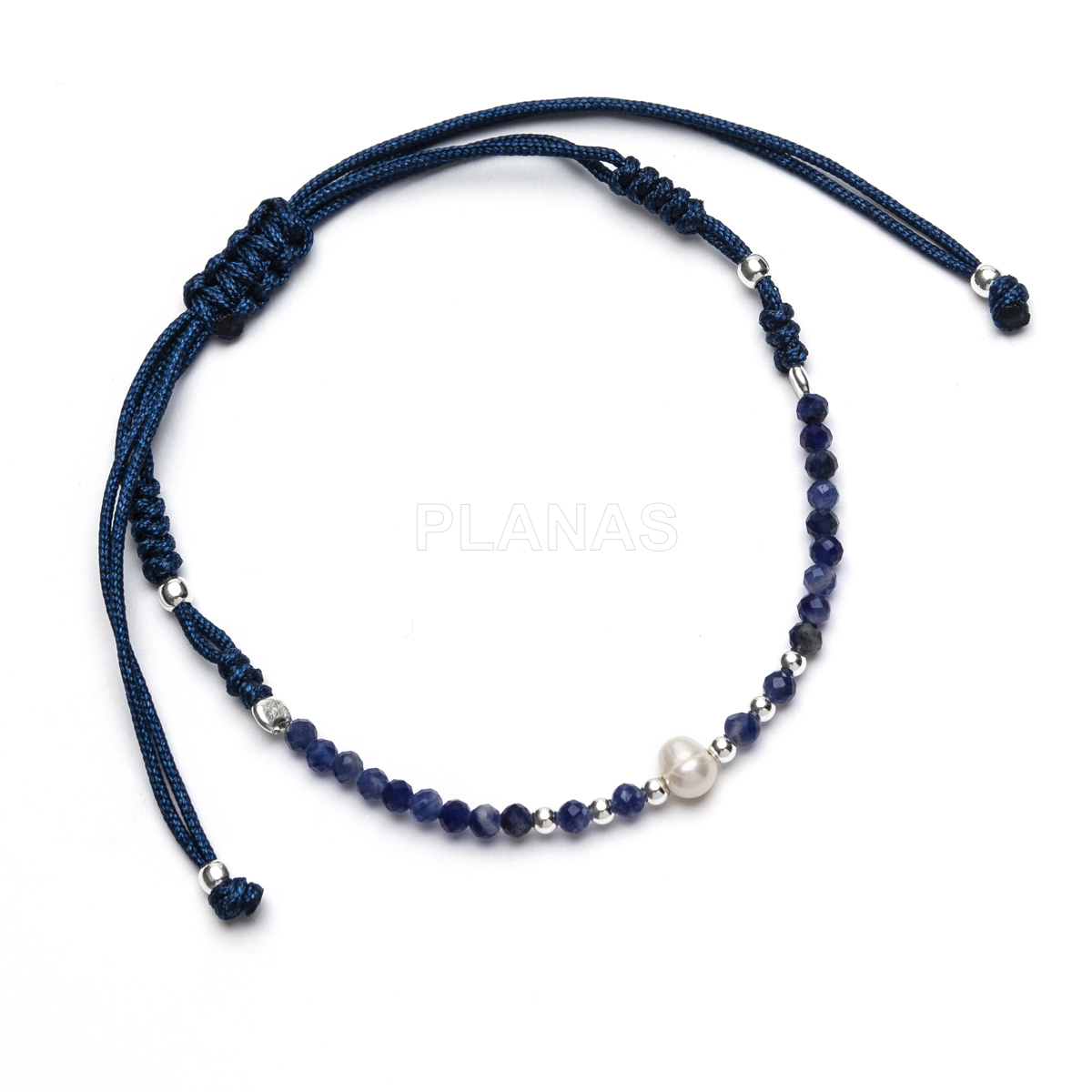 Pulsera macramé en Plata de ley con minerales naturales y perla cultivada de 6mm. 