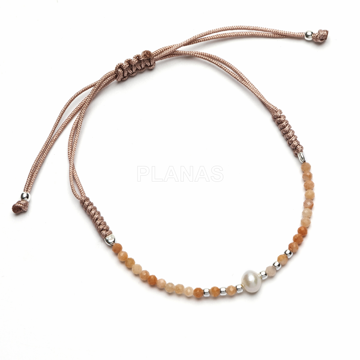 Pulsera macramé en Plata de ley con minerales naturales y perla cultivada de 6mm. 