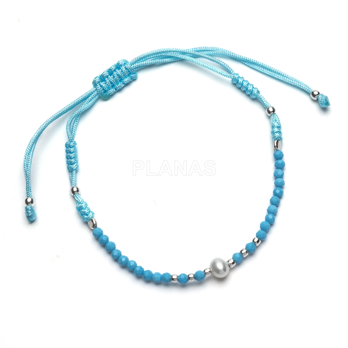 Pulsera macramé en Plata de ley con minerales naturales y perla cultivada de 6mm. 