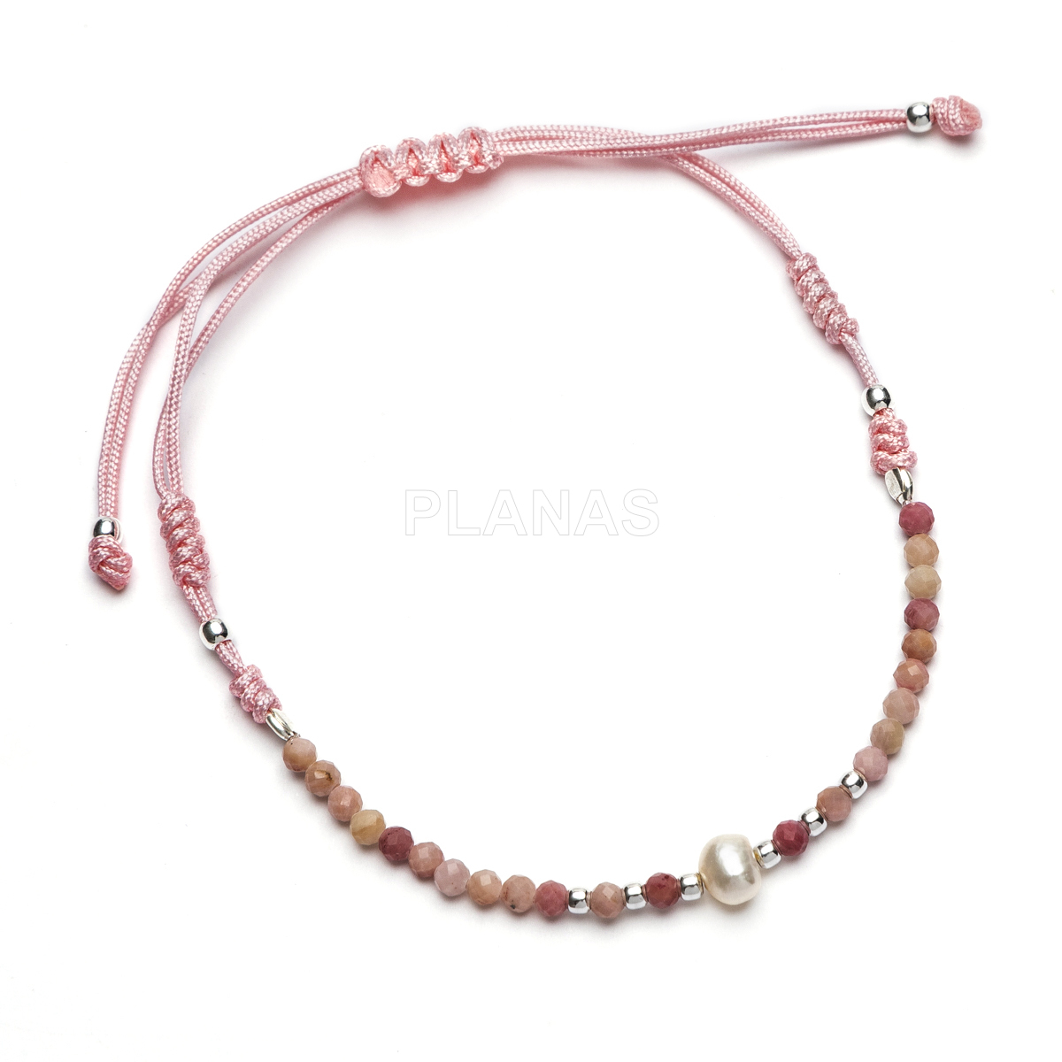Pulsera macramé en Plata de ley con minerales naturales y perla cultivada de 6mm. 