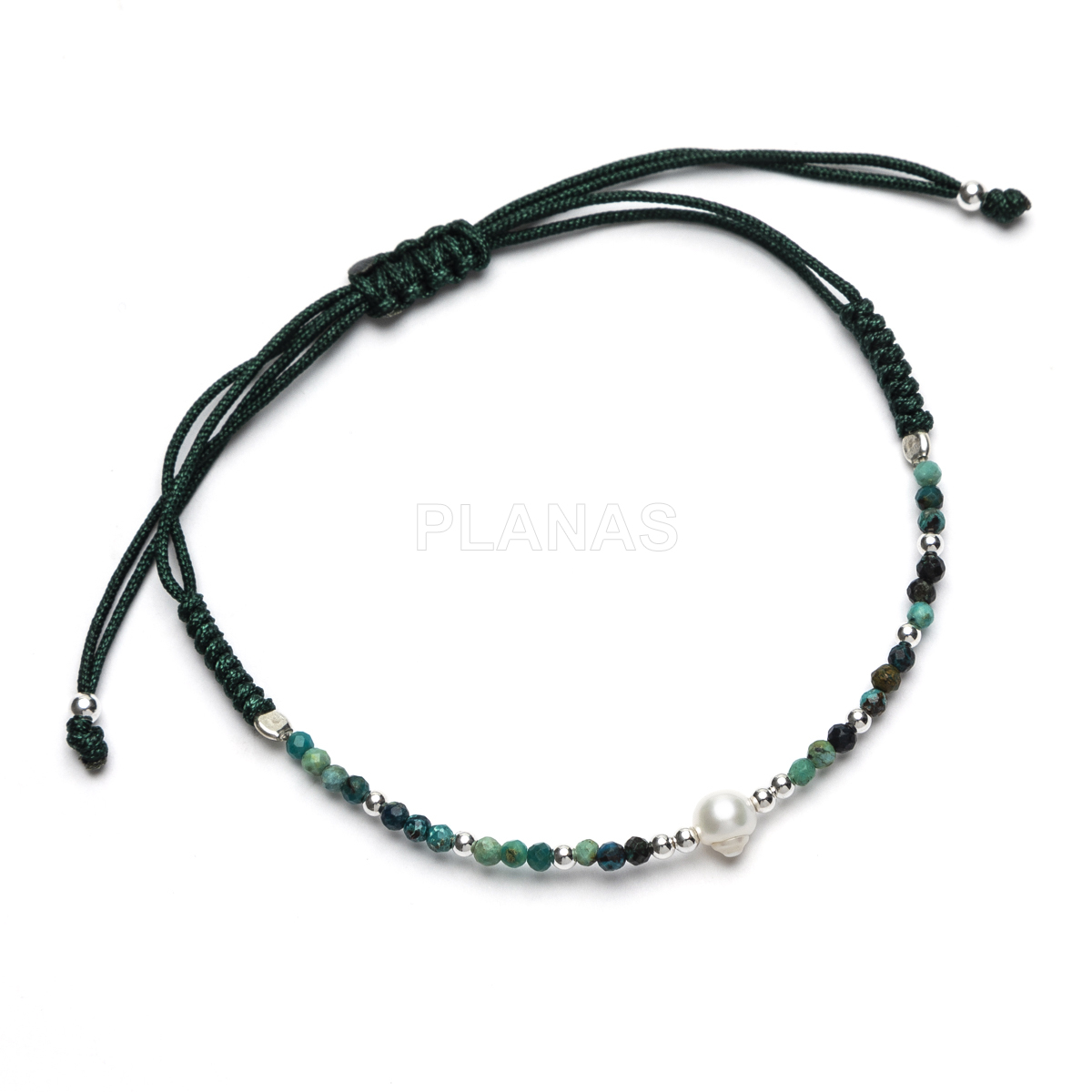Pulsera macramé en Plata de ley con minerales naturales y perla cultivada de 6mm. 