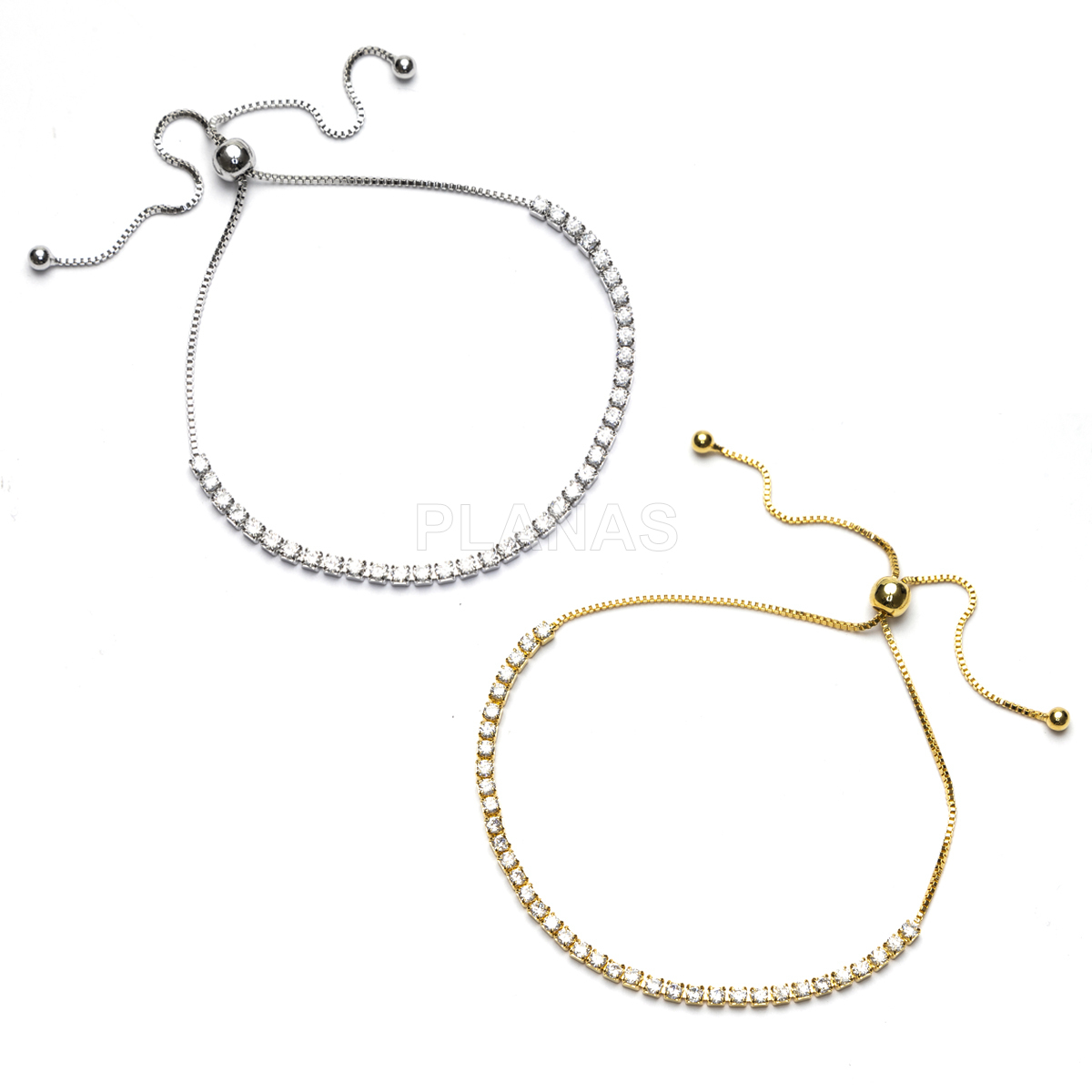 Pulseira de latão e zircônias cúbicas com nó deslizante.  