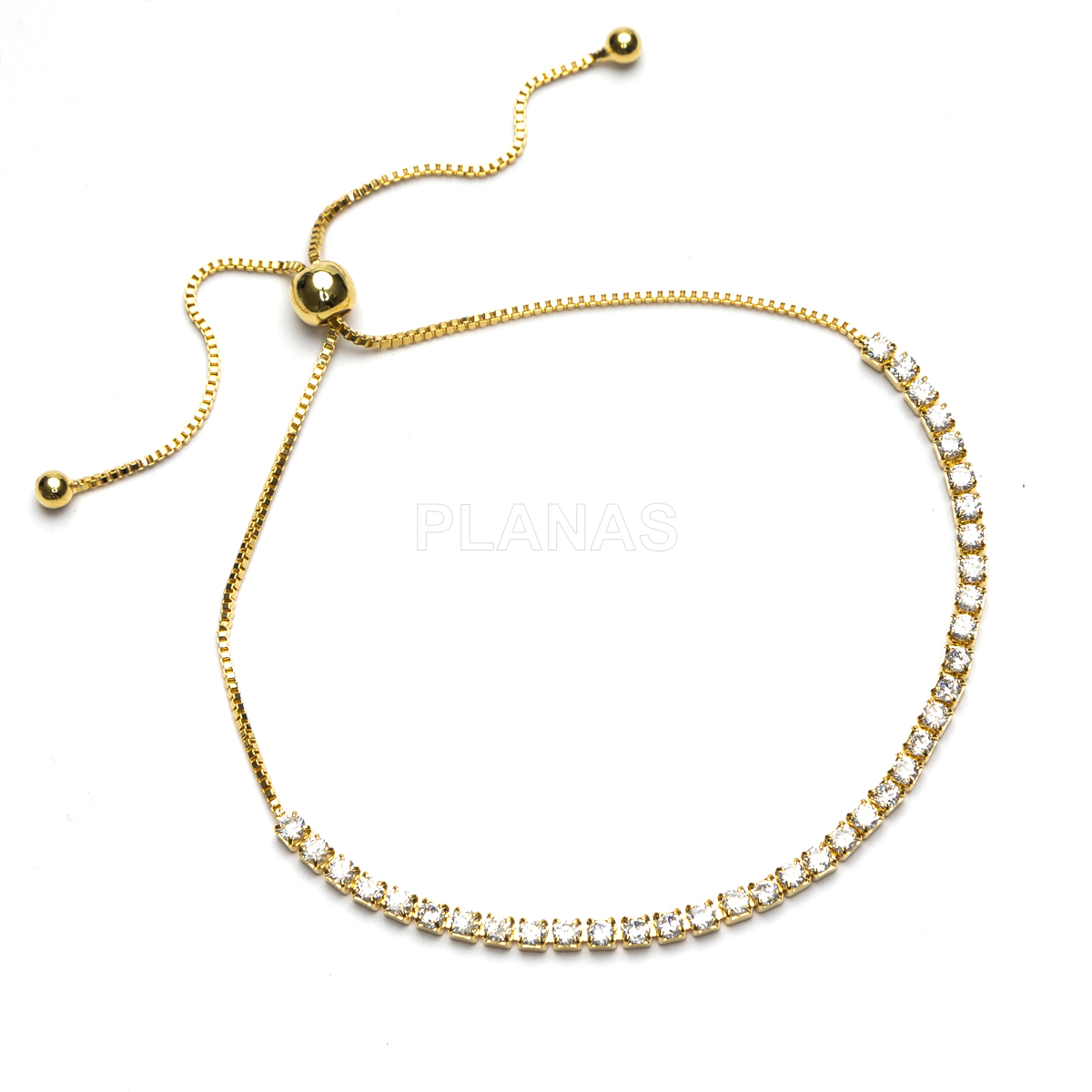 Pulseira de latão e zircônias cúbicas com nó deslizante.  