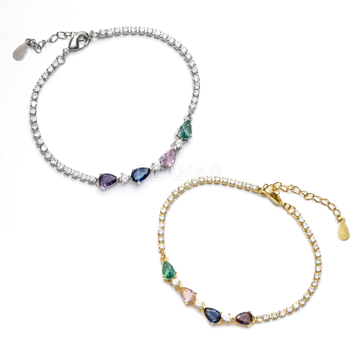 Pulseira em latão com zircônias cúbicas coloridas.  