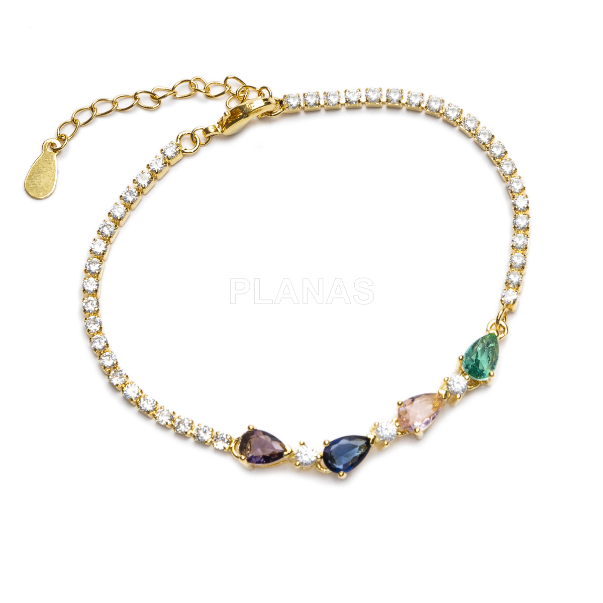Pulseira em latão com zircônias cúbicas coloridas.  