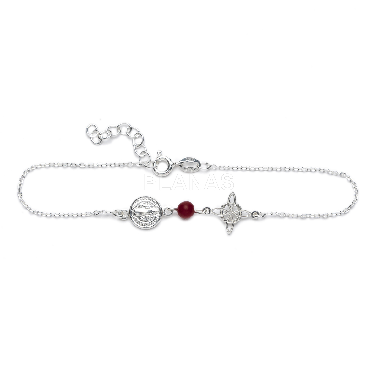 Pulsera en Plata de ley, San Benito, nudo de brujas y Coral.DOBLE PROTECCIÓN.