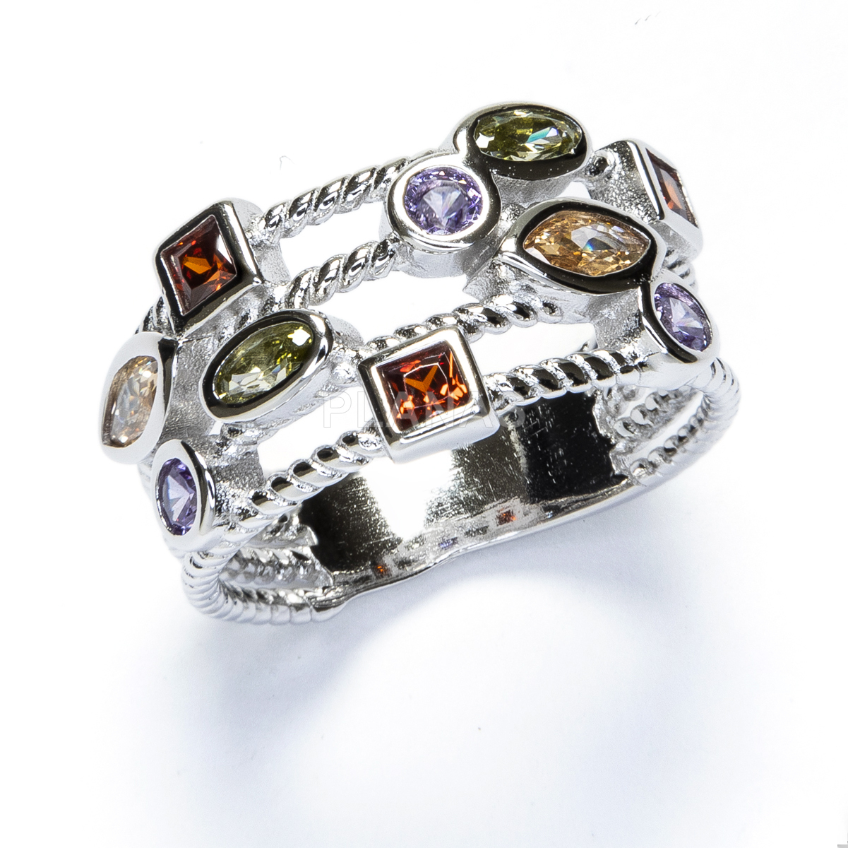 Anillo en Latón Rodiado y Circonitas de colores.  