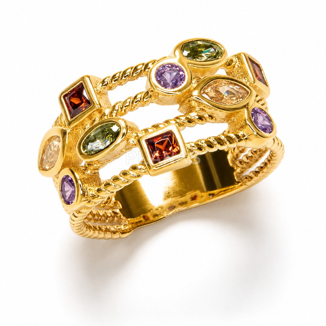 Anel em latão com banho de ouro 18k e zircônias cúbicas coloridas.  