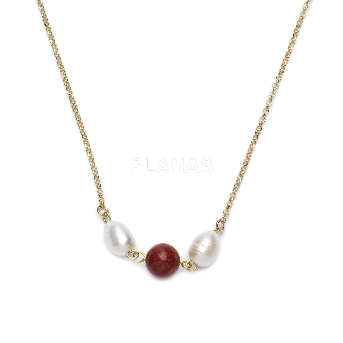 Collar en Plata de ley y baño Oro con Perla Cultivada y Coral.