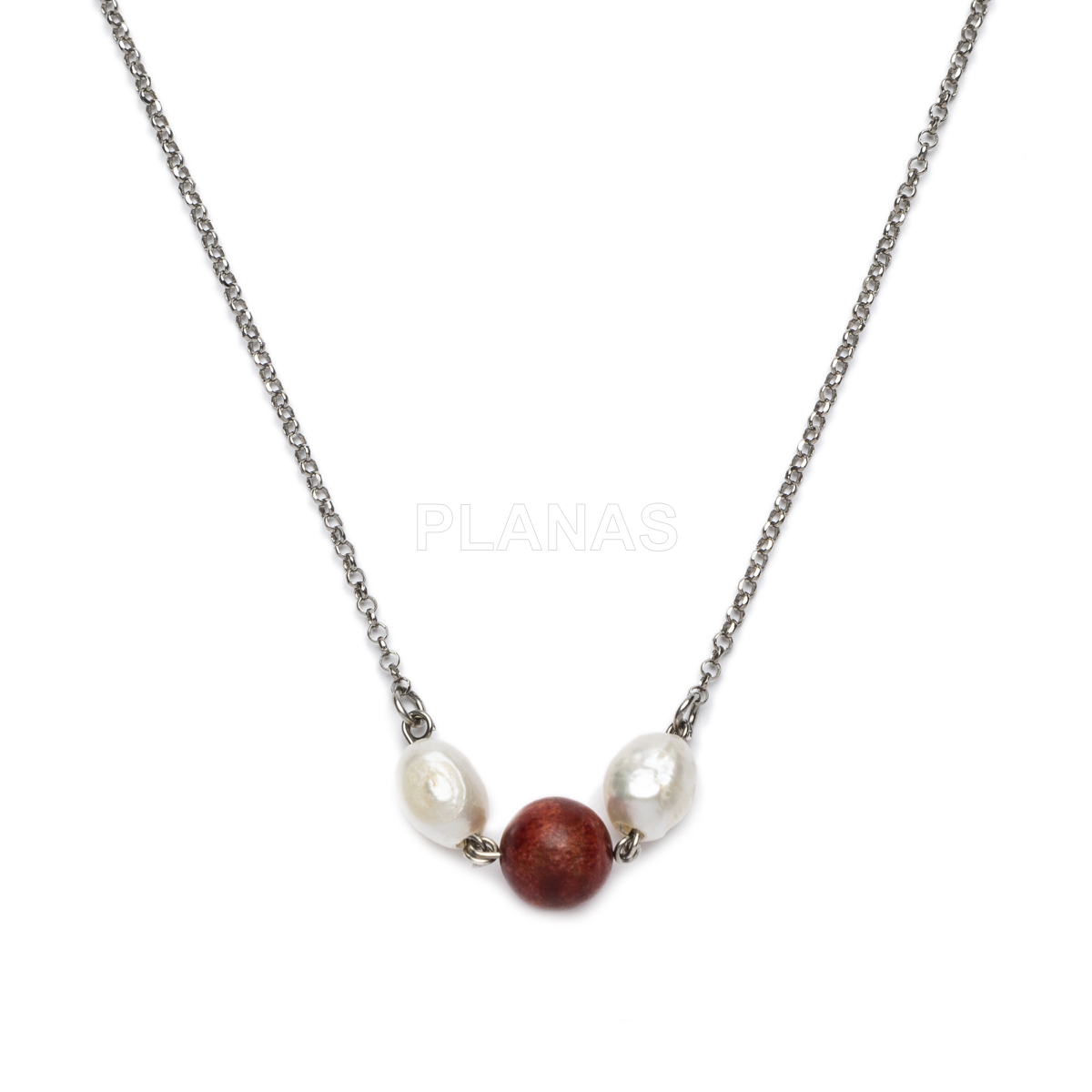 Collar en Plata de ley Rodiada con Perla Cultivada y Coral.