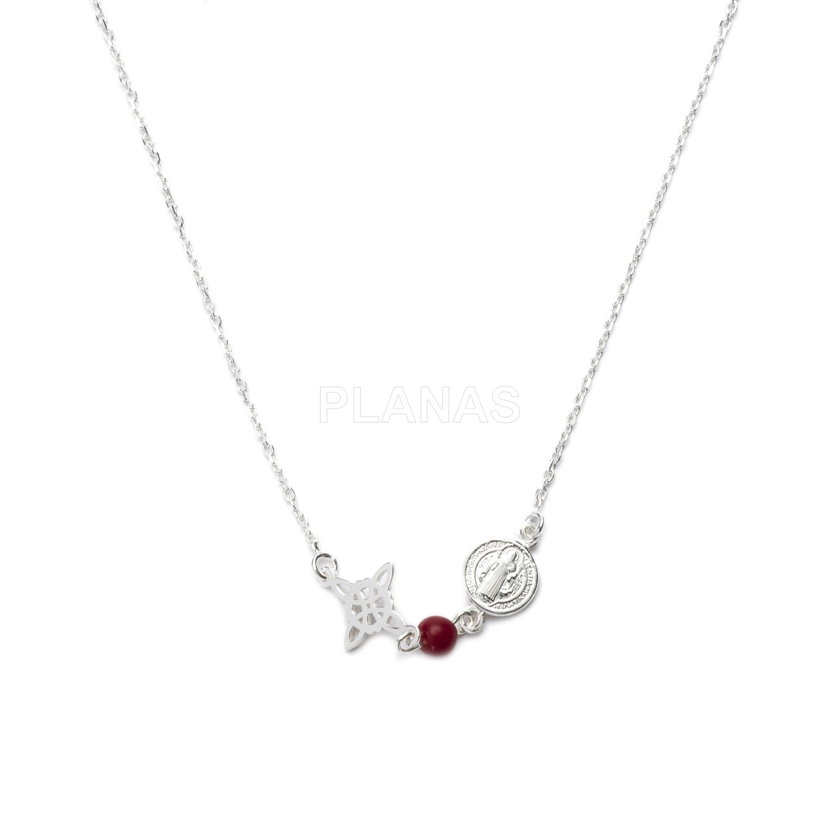Collar en Plata de ley, San Benito, Nudo de brujas y Coral. TRIPLE PROTECCIÓN.