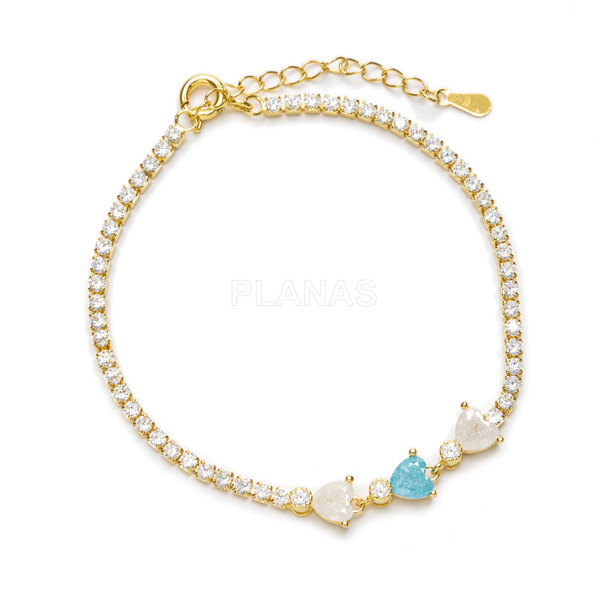 Pulsera en latón con circonitas blancas. CORAZONES.